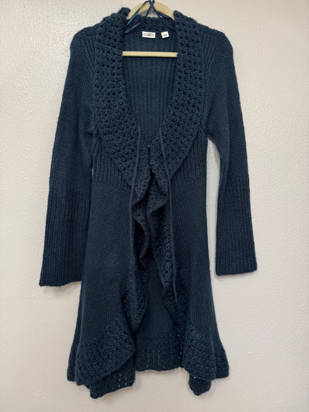 Cato Women's Dark Teal Knit Ruffle-Front Cardigan